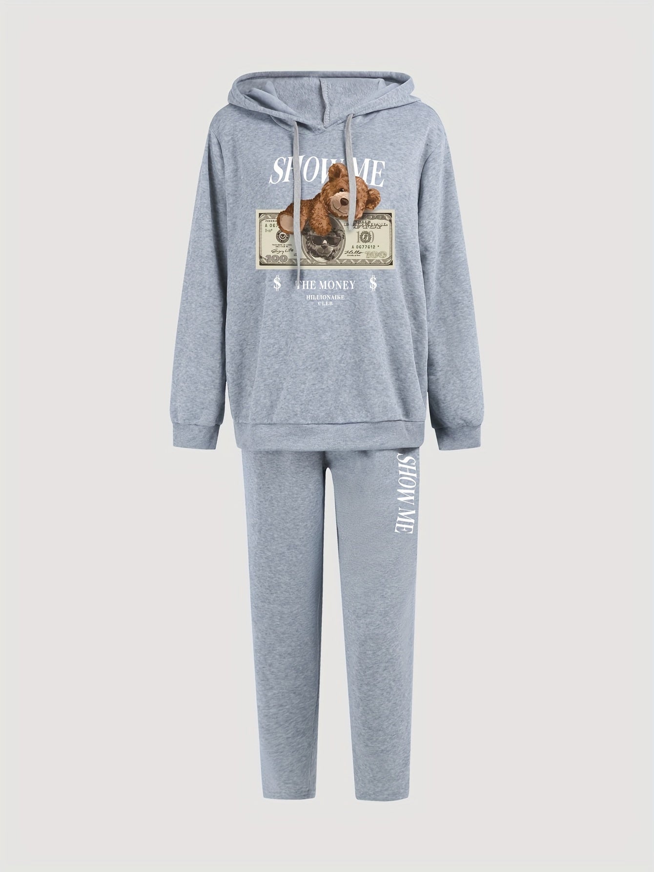 Women's Plus Bear & Money Print Hoodie & Sweatpants Set