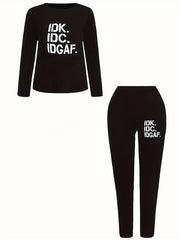 Women's Casual Two Piece Set - Letter Print Top & Pants