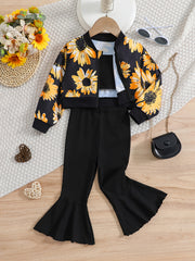 Girls 3pcs Sunflower Print Set - Cami Crop Tops, Flare Leg Pants, Zipper Jacket