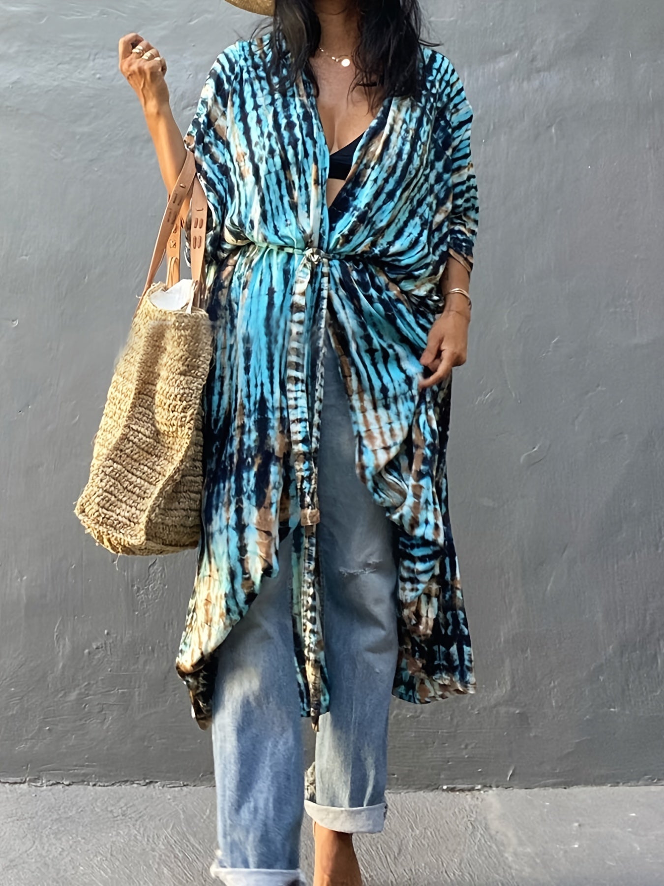 Tie Dye V Neck Kimono Colorblock Beachwear Boho Style Robes
