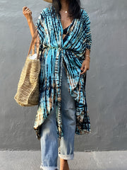 Tie Dye V Neck Kimono Colorblock Beachwear Boho Style Robes