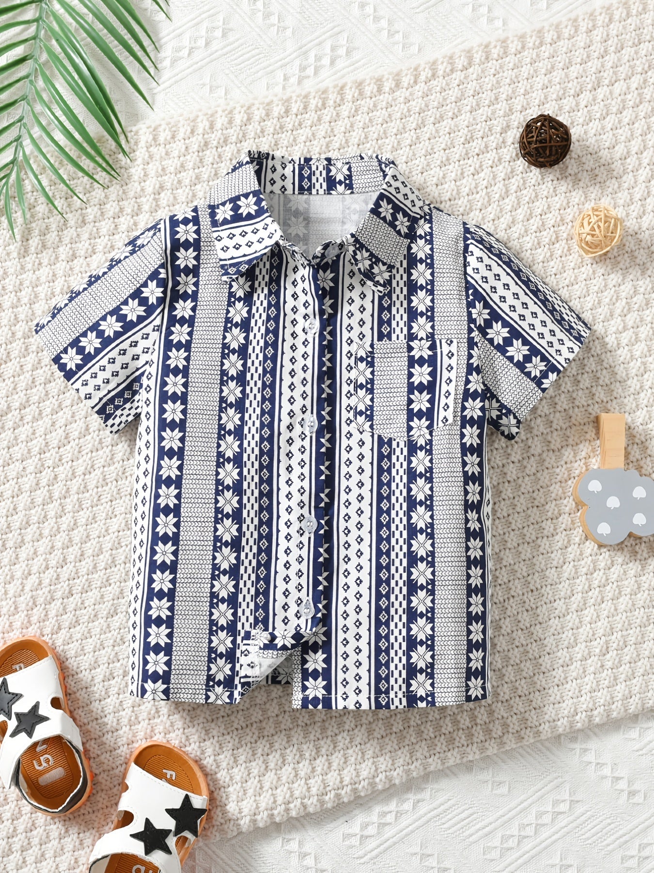 Boys Geometry Print Shirts Button Lapel Tops Kids Summer Clothes