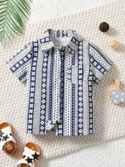 Boys Geometry Print Shirts Button Lapel Tops Kids Summer Clothes