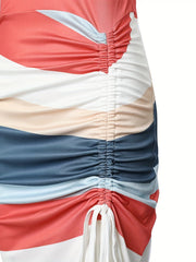 Striped Print Drawstring Dress Casual Crew Neck Sleeveless Split Summer Dress