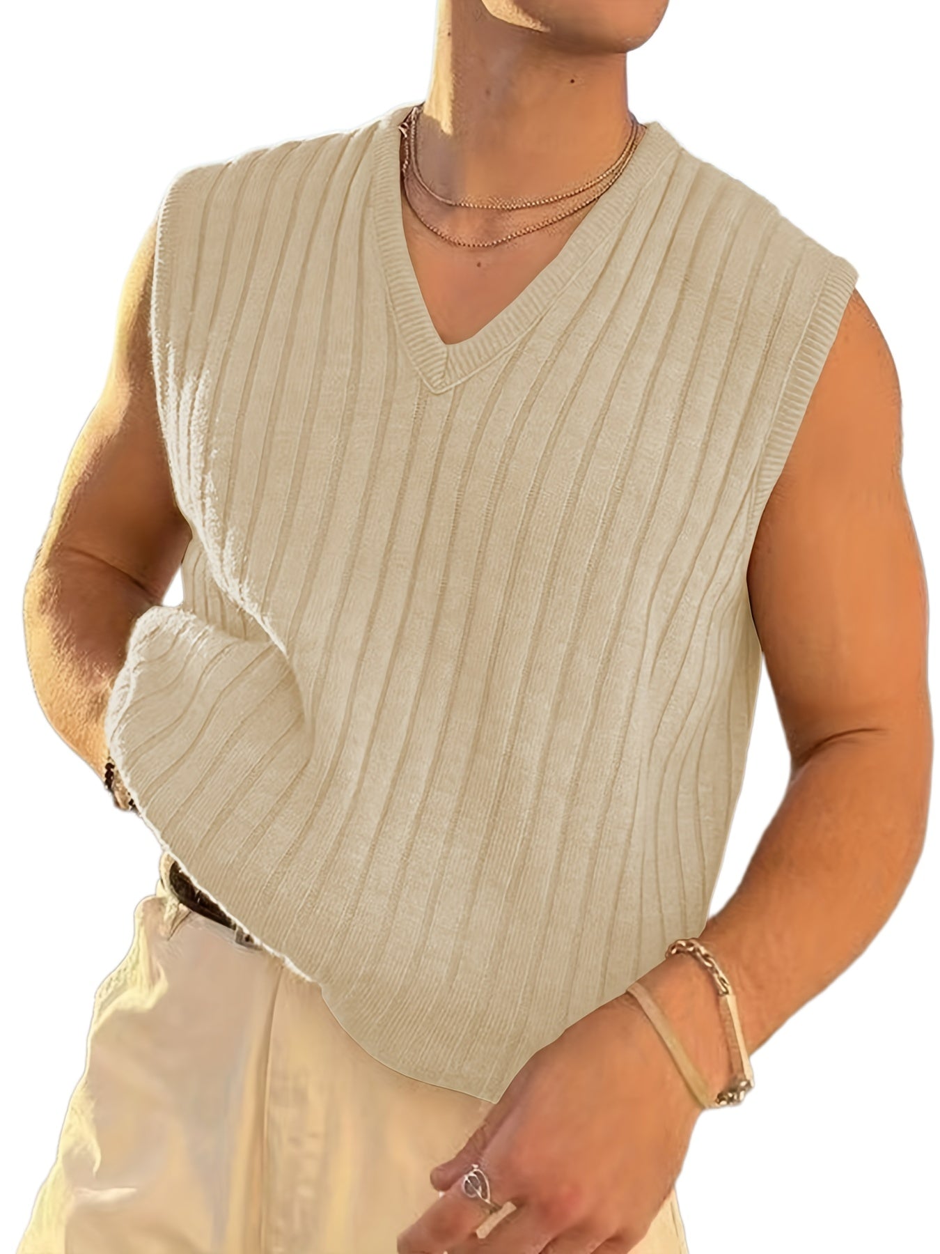 Men's Retro Style V Neck Knitted Vest in Stripe Textured Pattern