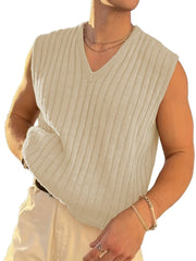 Men's Retro Style V Neck Knitted Vest in Stripe Textured Pattern