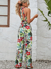 Tropical Print Backless Jumpsuit Sleeveless Wide Leg Women's Clothing