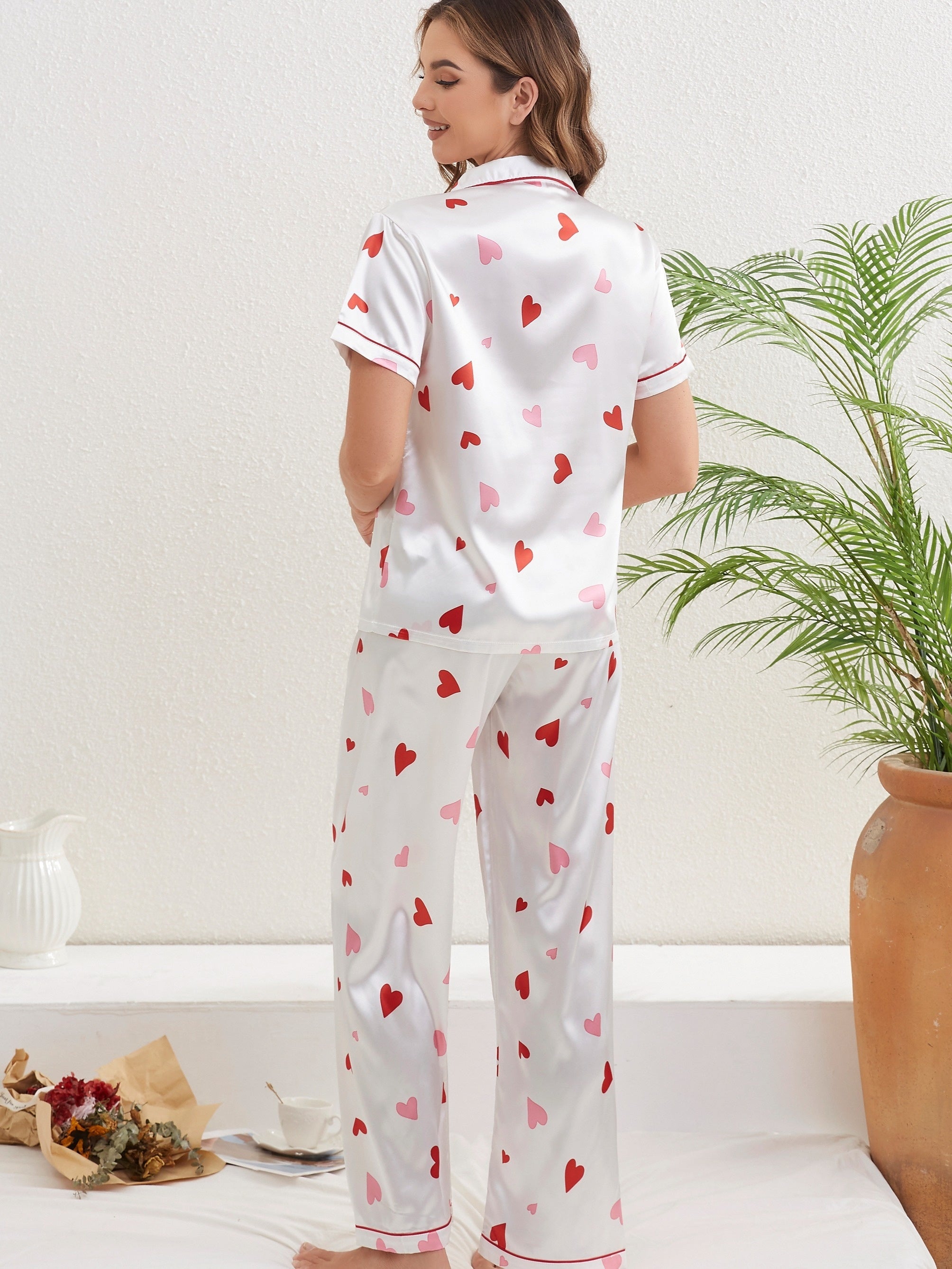 Heart Print Pajama Set Short Sleeve Buttons Top & Elastic Waistband Pants