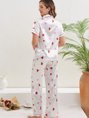Heart Print Pajama Set Short Sleeve Buttons Top & Elastic Waistband Pants