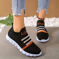 Women's Breathable Slip-On Sneakers LOVE Pattern Stripe Elastic Outdoor Shoes