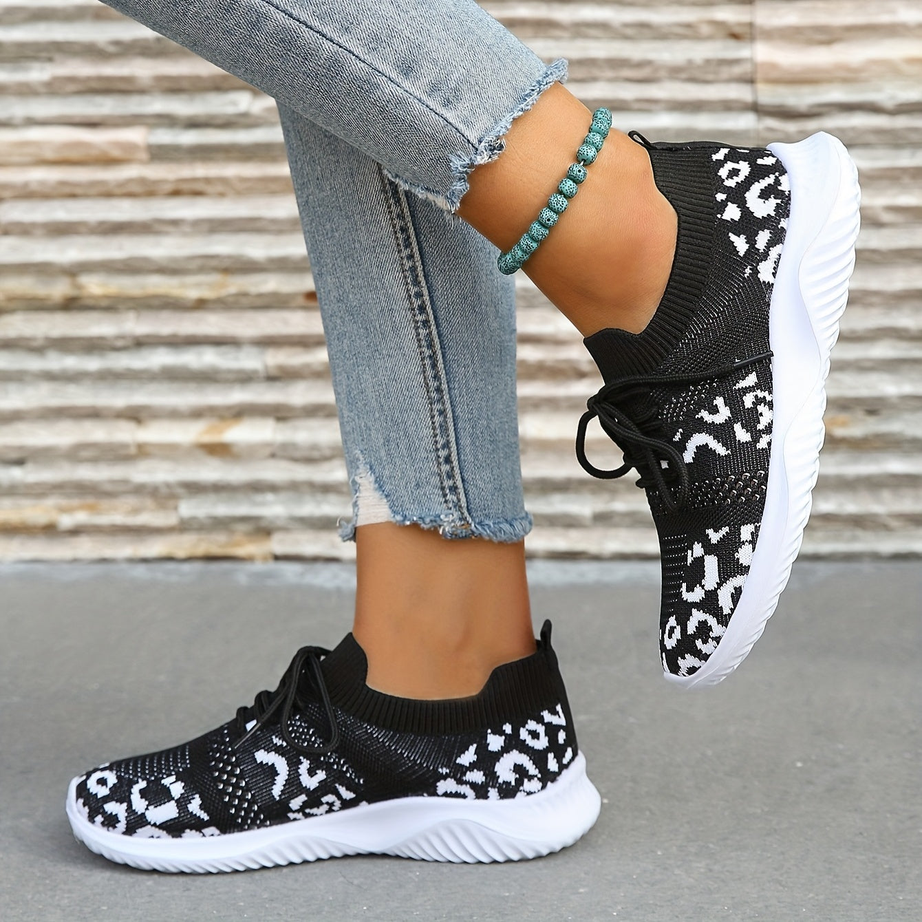 Women's Leopard Print Knit Sports Shoes Breathable Running Sneakers