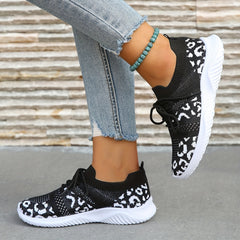 Women's Leopard Print Knit Sports Shoes Breathable Running Sneakers