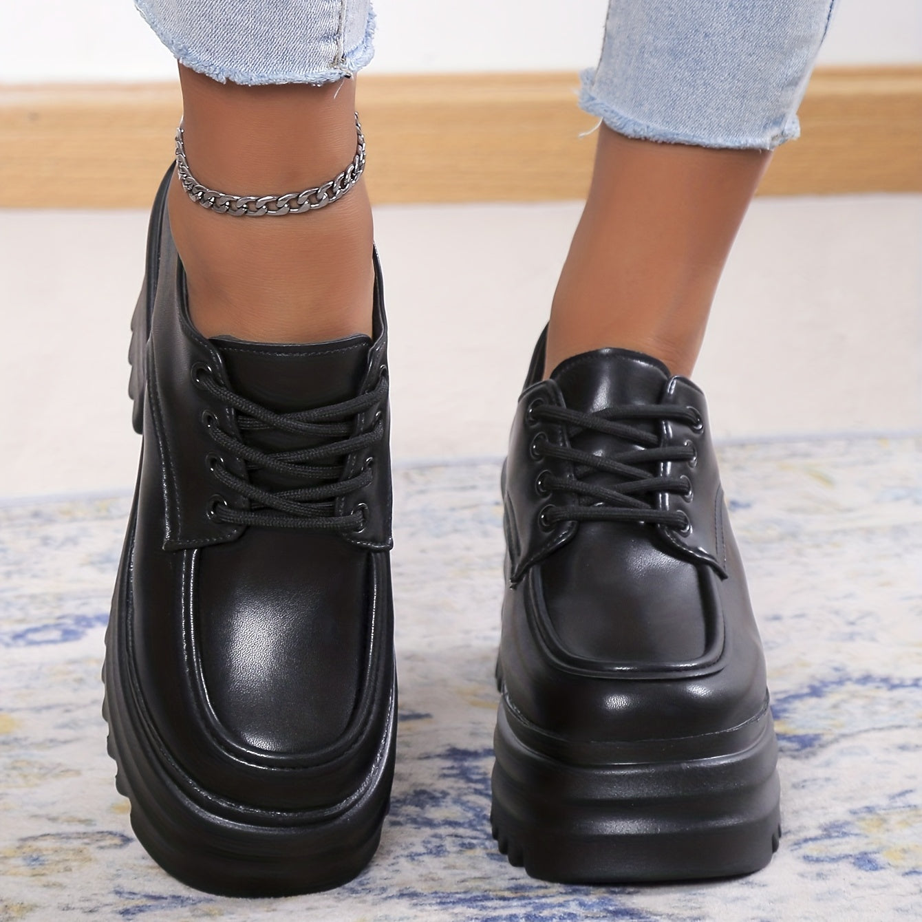 Women's Chunky Heel Loafers Lace Up Platform Shoes