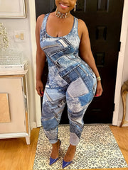 Casual Jumpsuit Denim Print Slim Fit Medium Stretch Tank Jumpsuit