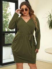 Solid Long Sleeve Surplice Neck Ruched Belted Dress