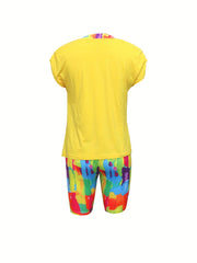 Letter Print Tee & Full Printed Shorts Set Women's Outfit