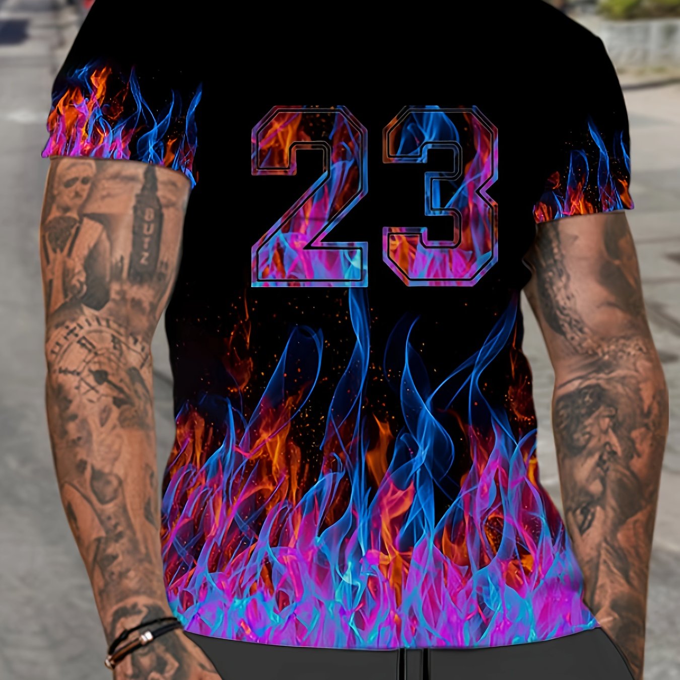 Men's Flame & 23 Print T-shirt Casual Comfy Slightly Stretch Tee