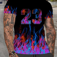 Men's Flame & 23 Print T-shirt Casual Comfy Slightly Stretch Tee