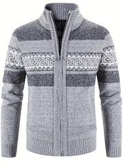 Geometric Pattern Stand Collar Cardigan Men's Zip Up Jacket