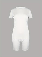 Solid Casual Two piece Set Crew Neck Short Sleeve T shirt & Slim Workout Shorts