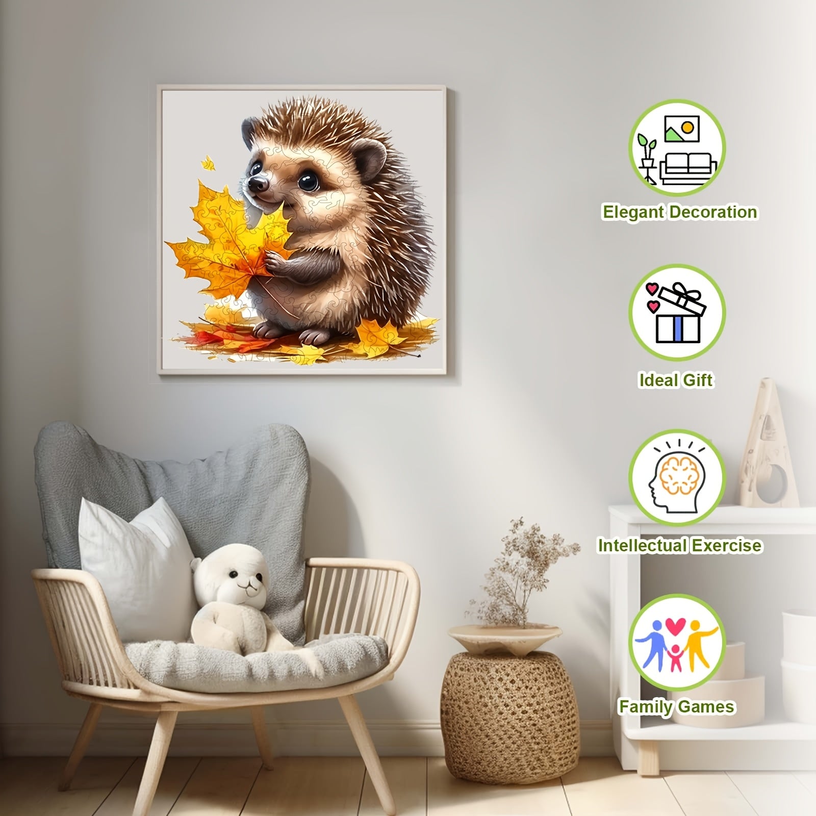 Hedgehog & Maple Leaves Wooden Puzzle Unique Shape