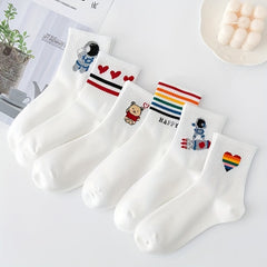 10 Pairs Cartoon Print Socks, Comfy & Mid Tube Women's Stockings