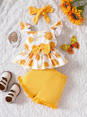 3pcs Floral Graphic Ruffle Sleeve Top & Shorts & Headband Baby Sweet Clothes