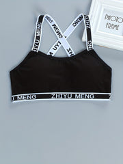 Girls Sports Bra Letter Print Cross Strap No Steel Ring Comfortable Underwear