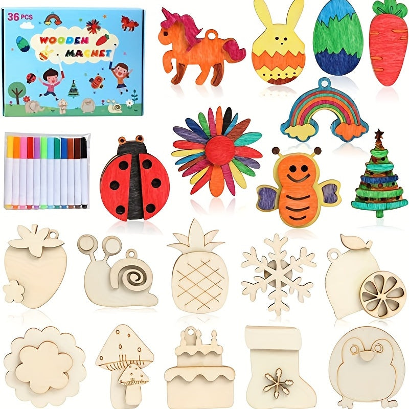 36pcs Wooden Magnets Kids Art Craft Party Birthday Gift Favors Easter Crafts