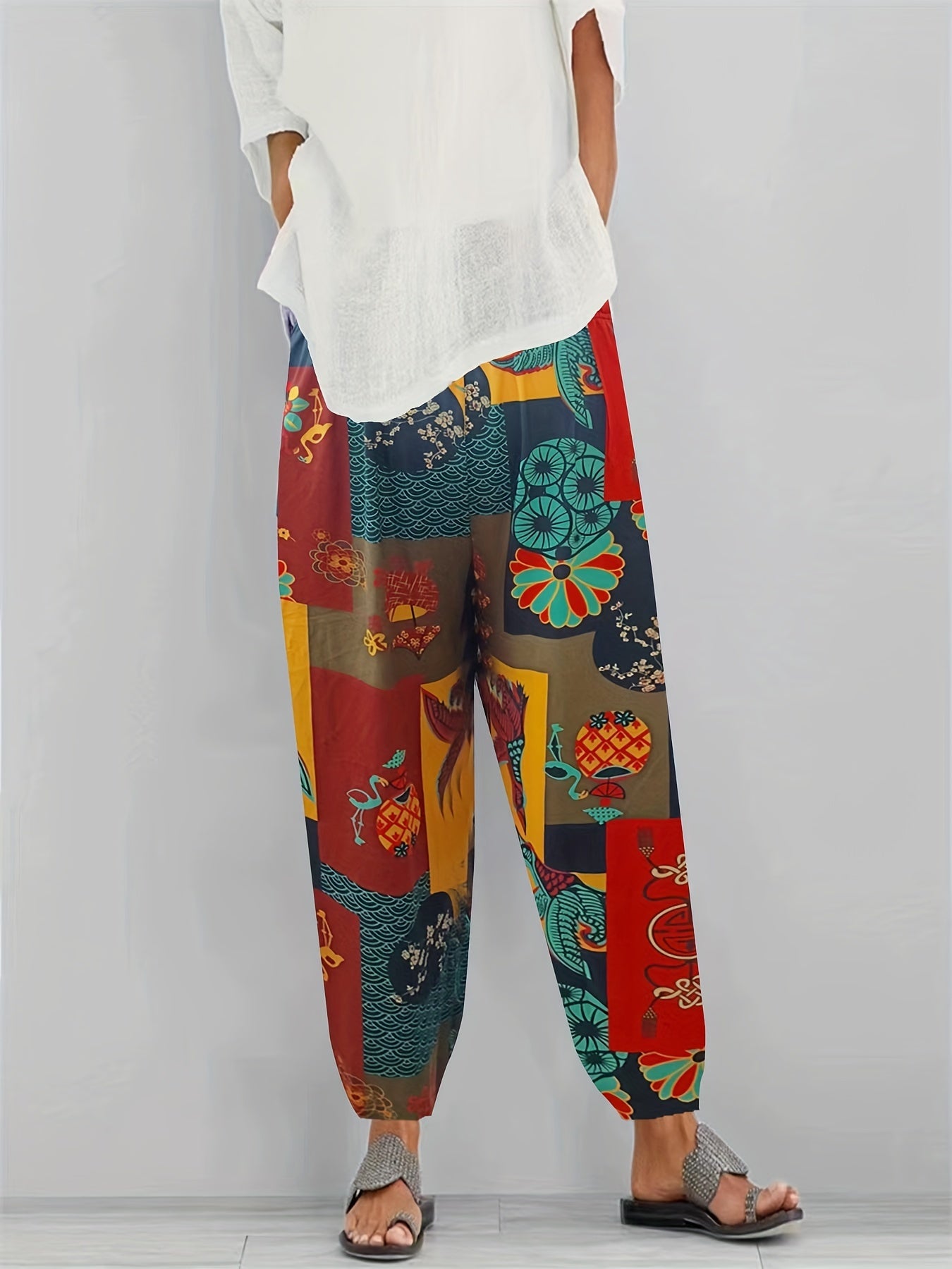 Patchwork Print Elastic High Rise Jogger Trousers