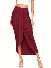 Ruched Split Skirt Vacation Asymmetric High Waist Skirt
