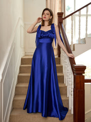 Satin Backless Bridesmaid Dress Sleeveless Lace Up Ruched Waist Gowns