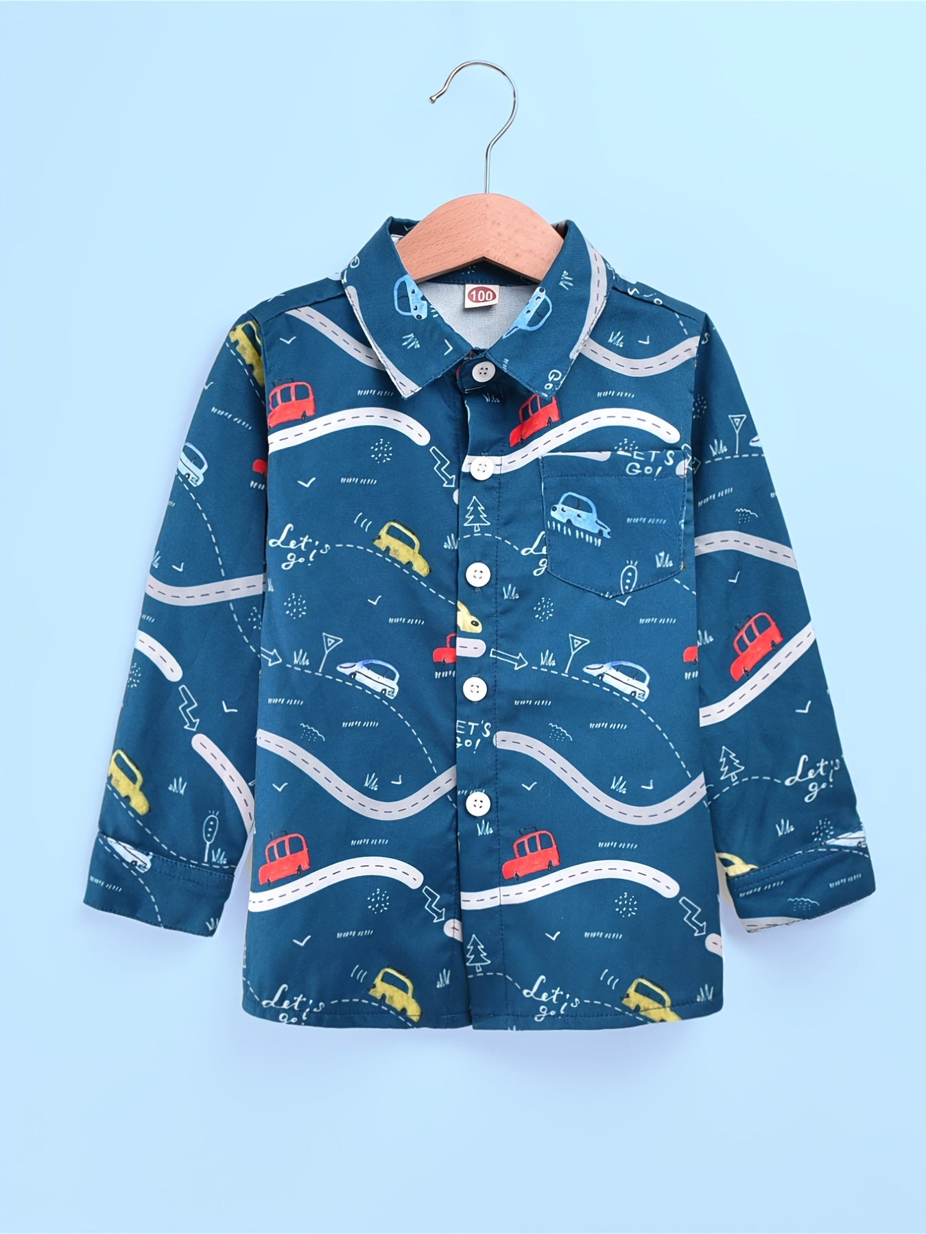 Boys Car Print Hawaiian Shirt Long Sleeve Button Down