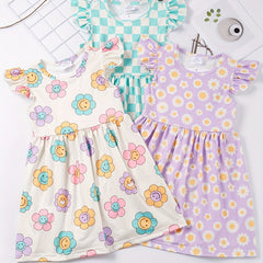 Toddler Girls Ruffled Sleeves Smile Face Flowers Plaid Dress