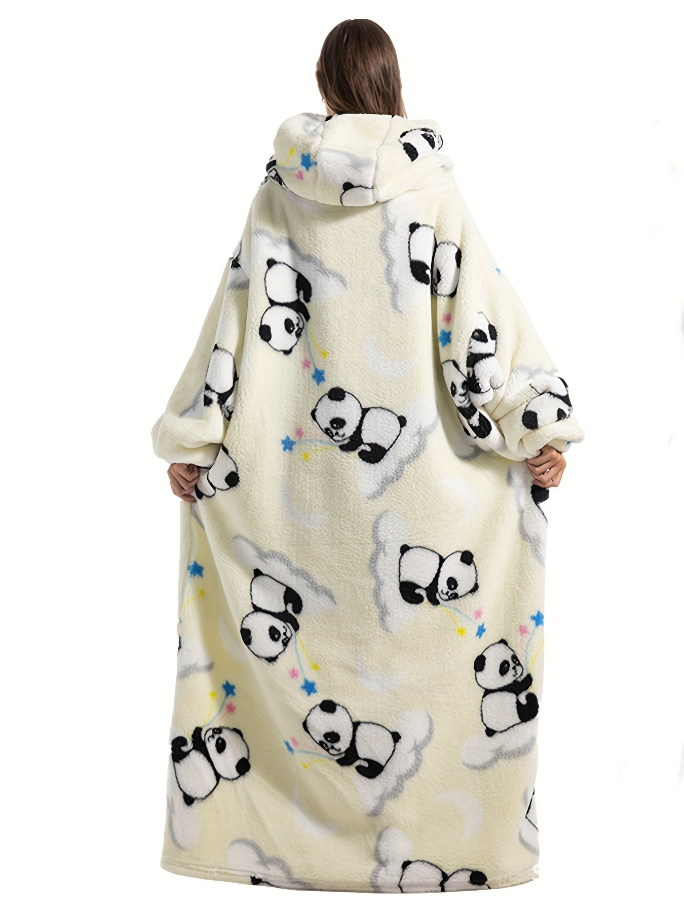 Panda Pattern Flannel Fleece Oversized Sherpa Hooded Wearable Blanket