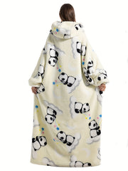 Panda Pattern Flannel Fleece Oversized Sherpa Hooded Wearable Blanket