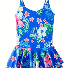 Girls' Floral & Leaves Print Swimsuit for Pool Parties