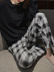 Plaid Print Pajama Set Long Sleeve Top & Pants Women's Sleepwear
