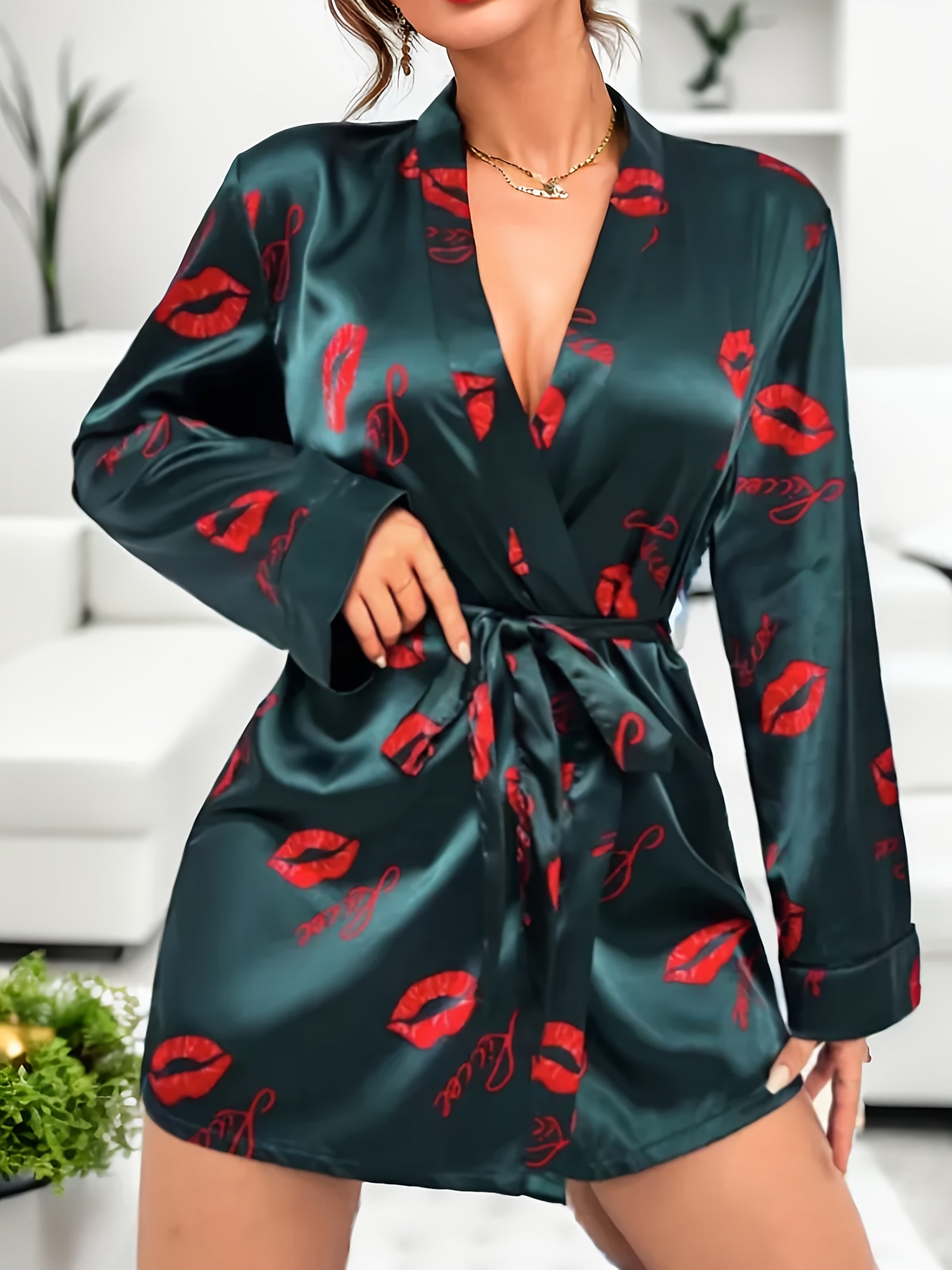 Women's Lips Print Lounge Robe Long Sleeve V Neck Home Robe