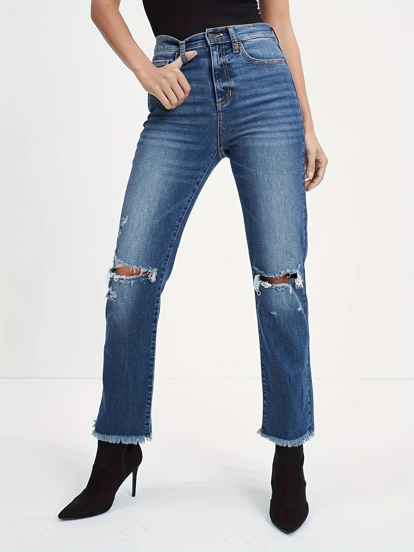Button Fly Ripped Fringe Trim Stretch Jeans