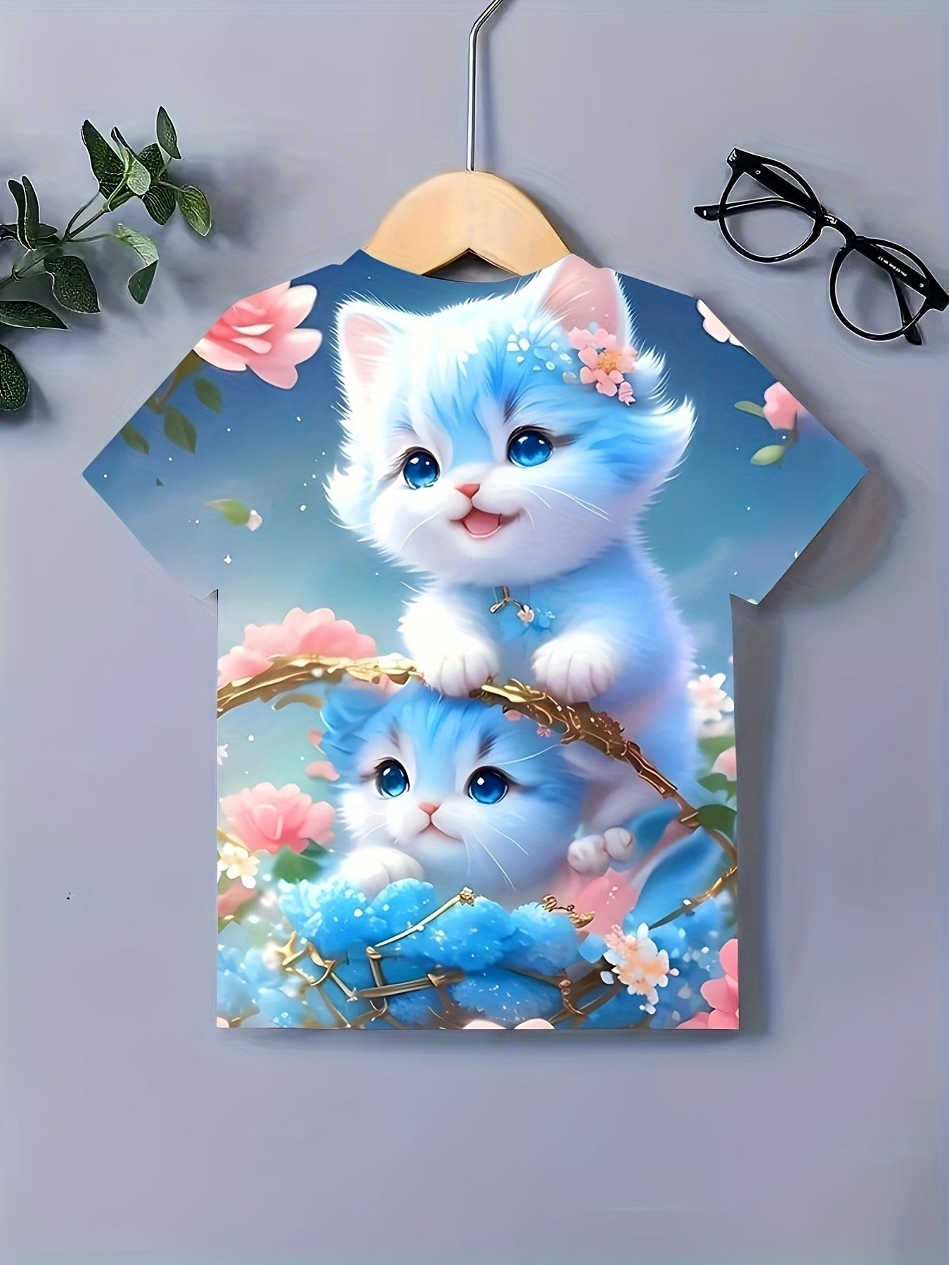 Casual Kitty & Flower Graphic Crew Neck Short Sleeve T shirt Girls