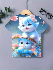 Casual Kitty & Flower Graphic Crew Neck Short Sleeve T shirt Girls