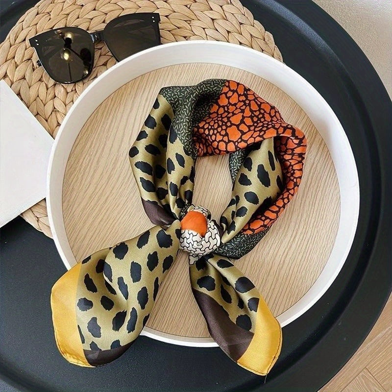 Geometric Leopard Print Silk Square Scarf Women Head Wrap Satin Bandana
