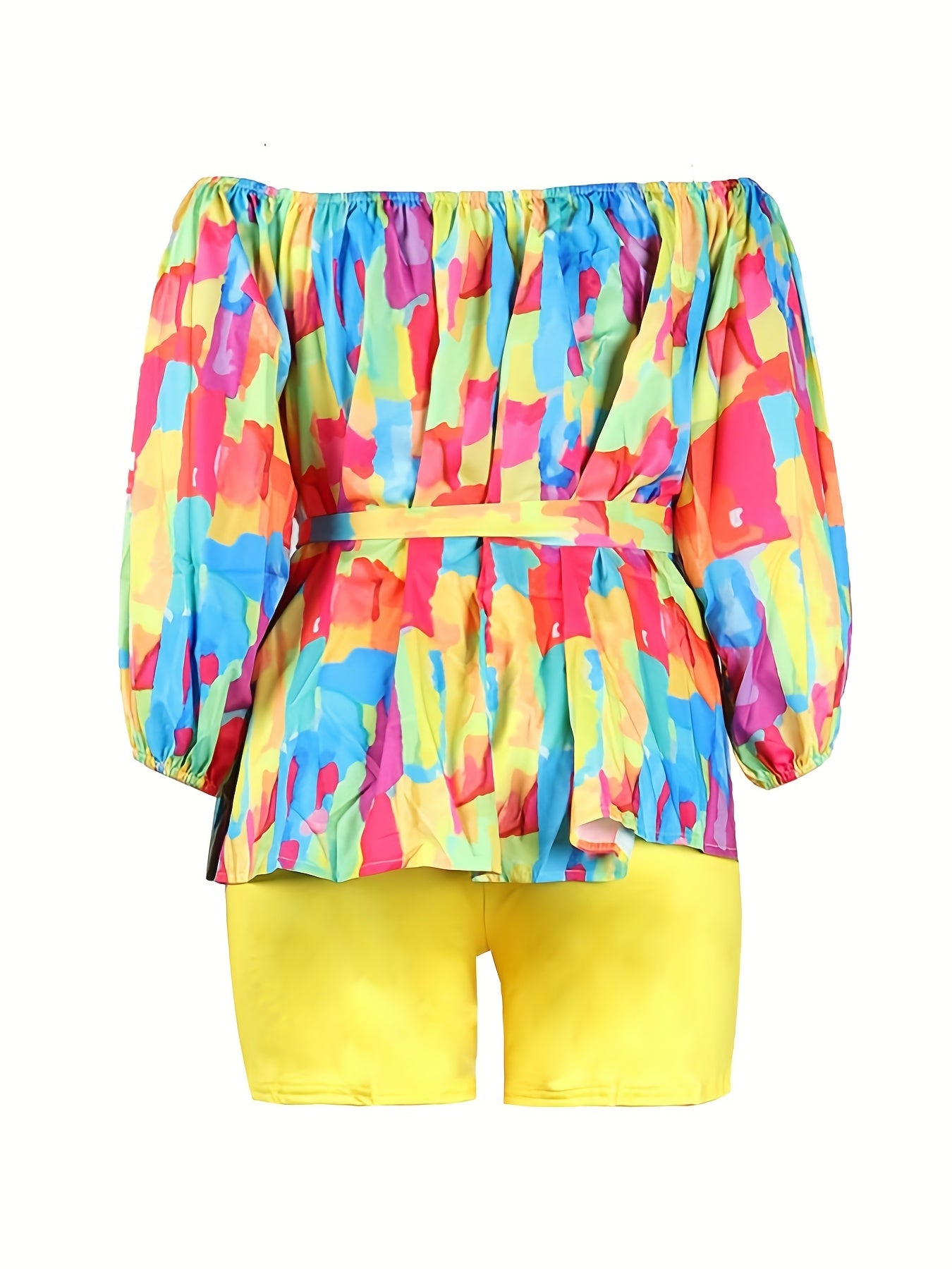 Funny Print Off Shoulder Top & Shorts Two Piece Set