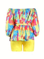 Funny Print Off Shoulder Top & Shorts Two Piece Set