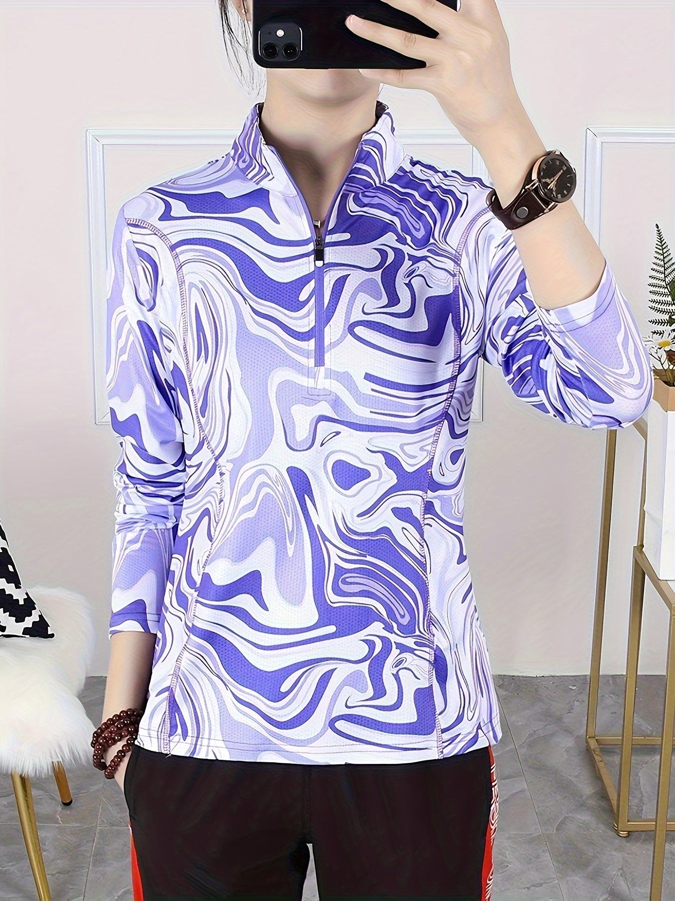 Striped Print Long Sleeves Sports Tee Quick Dry Half Zipper Mock Neck
