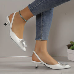 Women's Rhinestone Buckle Point Toe Slingback Cone Heel Shoes