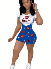 Plaid Heart Print Two piece Set Short Sleeve T shirt & Overall Romper Outfits