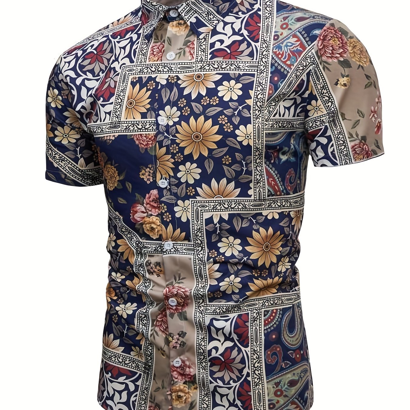 Flower Print Men's Casual Short Sleeve Shirt For Summer Vacation