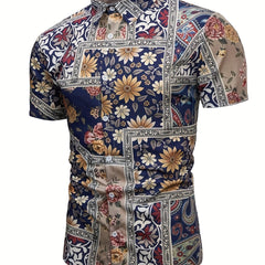 Flower Print Men's Casual Short Sleeve Shirt For Summer Vacation